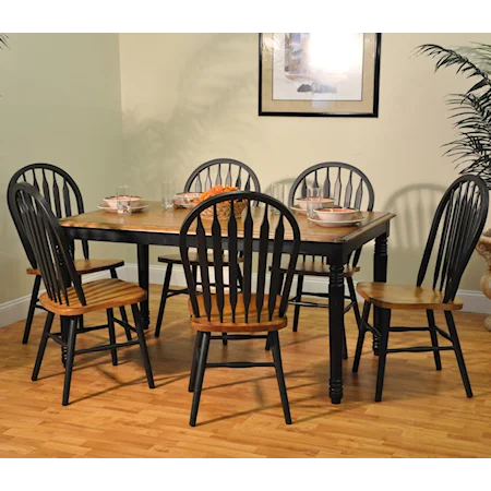 Black-Trimmed Solid Oak Table with 4 Bow-Back Side Chairs